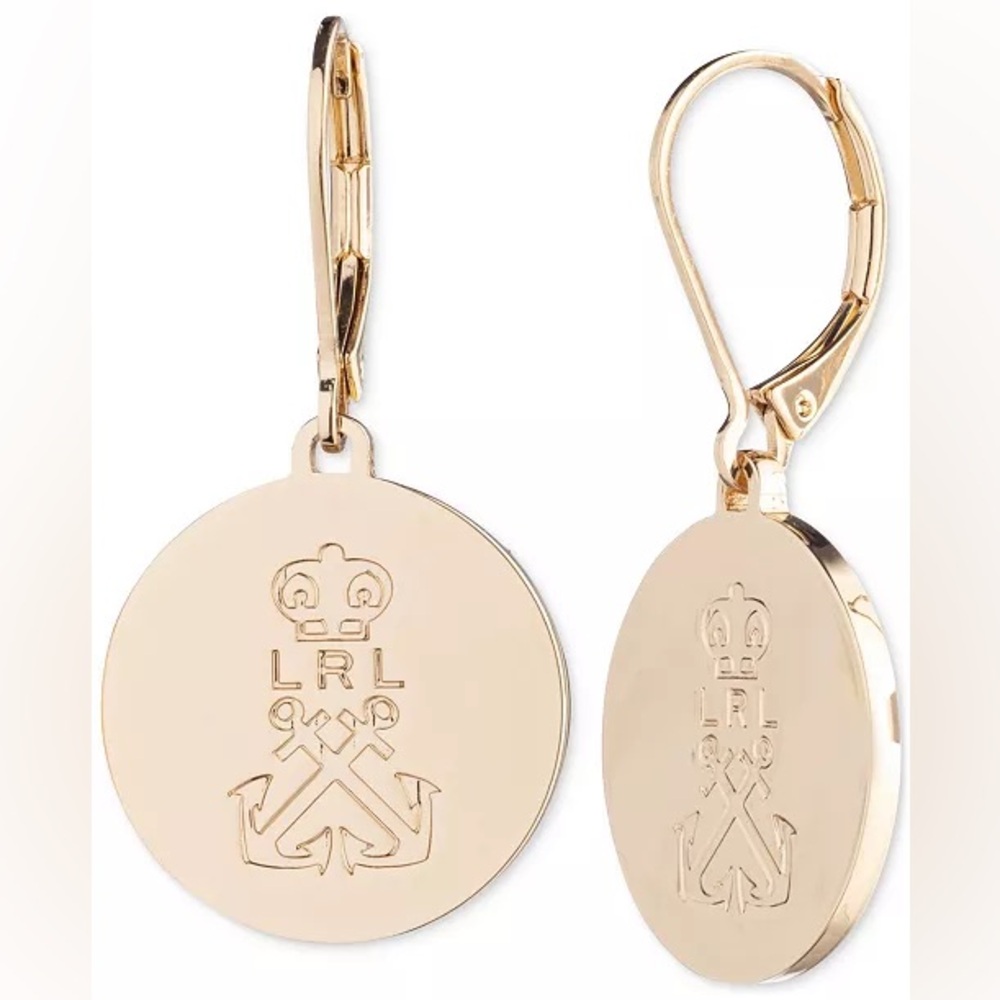 Lauren Ralph Lauren Anchor Logo Gold Polished Logo Disc Leverback Drop Earrings